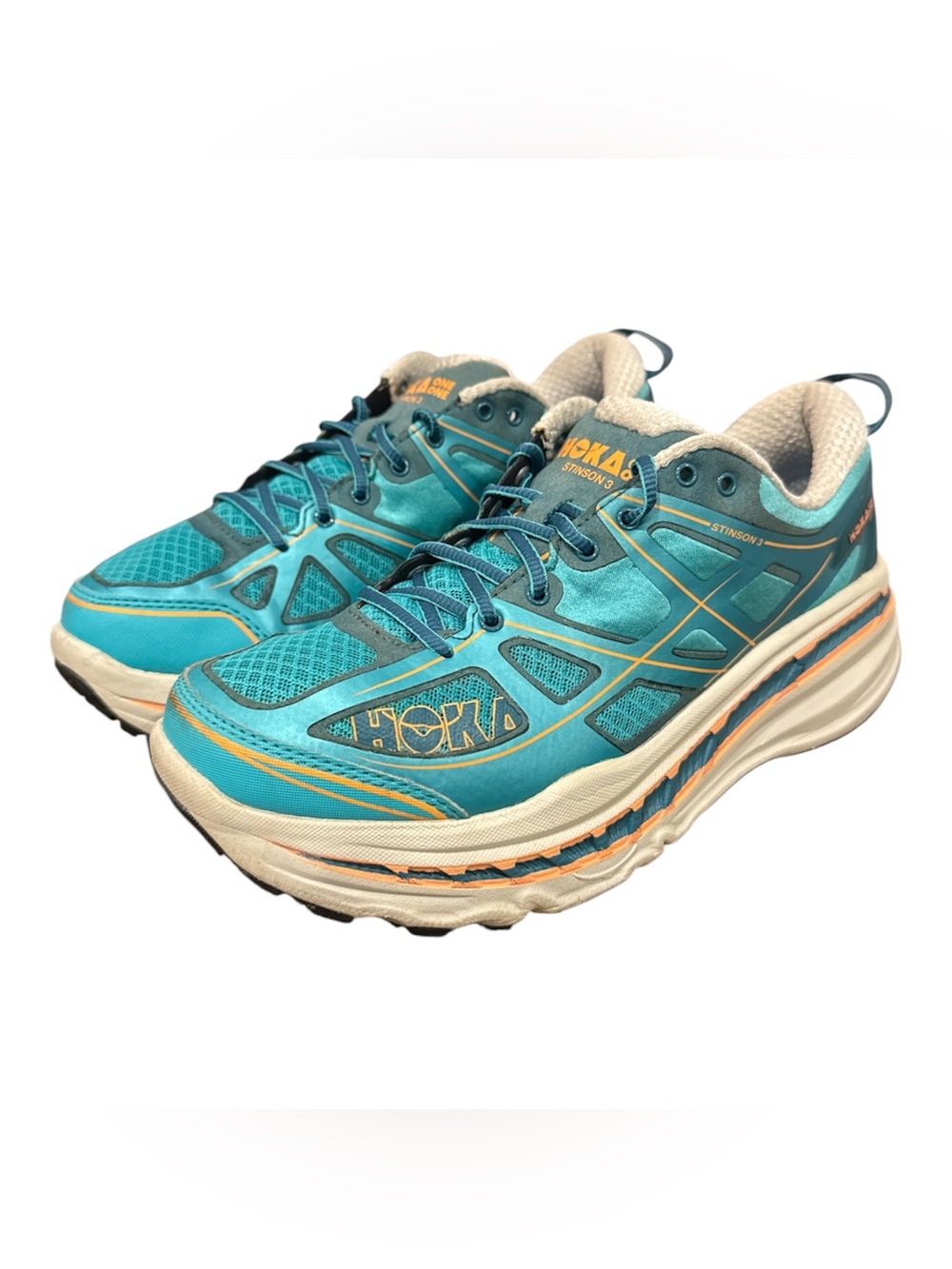 Hoka One One Stinson 3 ATR Teal Orange Running Shoes Women's Size 8